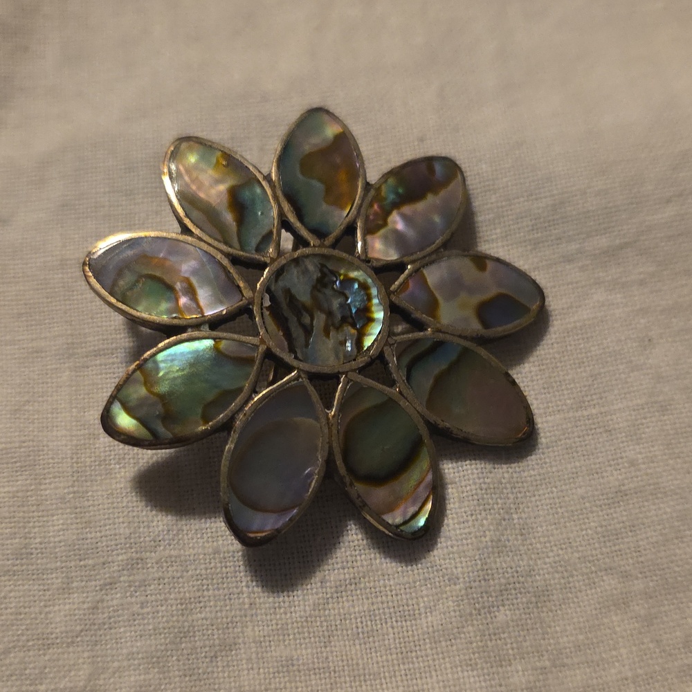 Vintage Abalone Shell Floral Brooch From Alpaca And Mexico